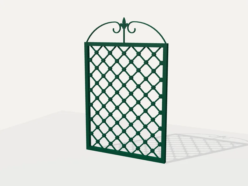 Lattice gate in RAL 6005 Moss green, rendered in 3D